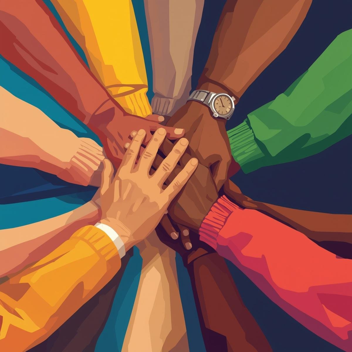 Illustration of many hands joined together in support